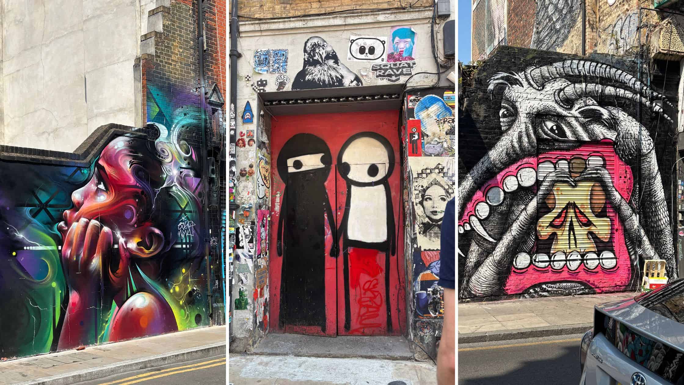 Collage of street art: portrait by Mr. Cenz, stick figures by Stik, and goat with bright gums by Sweet Toof.