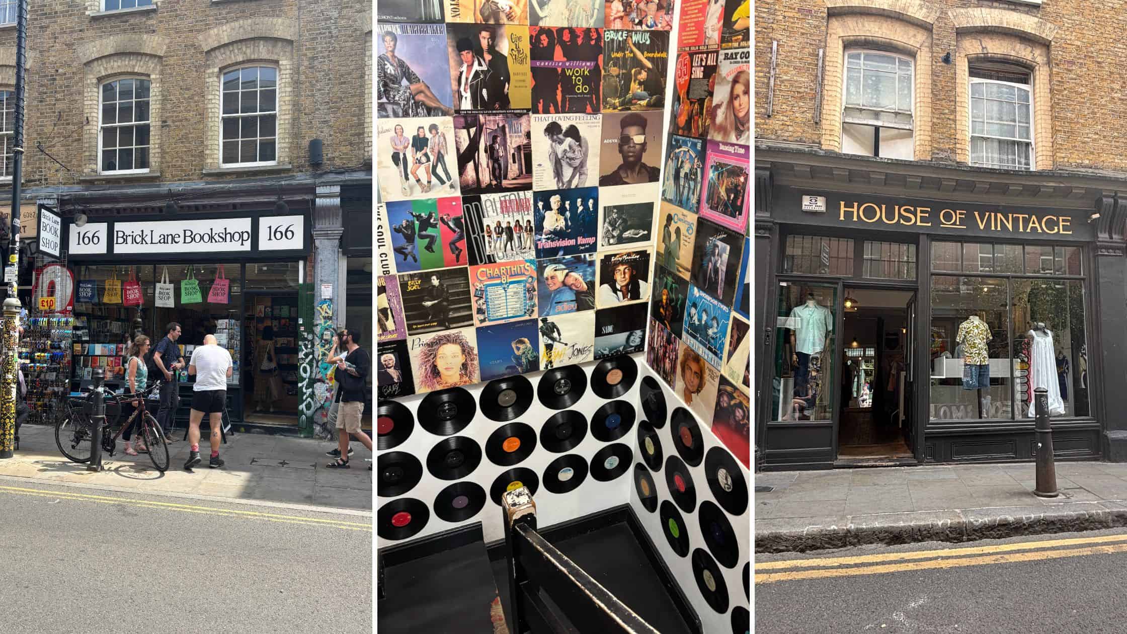 Collage of Brick Lane Bookshop, stairway with vintage records, and House of Vintage with mannequins in the window.