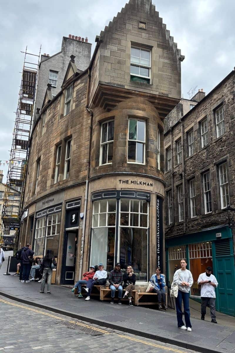 Exterior view of The Milkman coffee shop in Edinburgh’s Old Town on Cockburn Street.