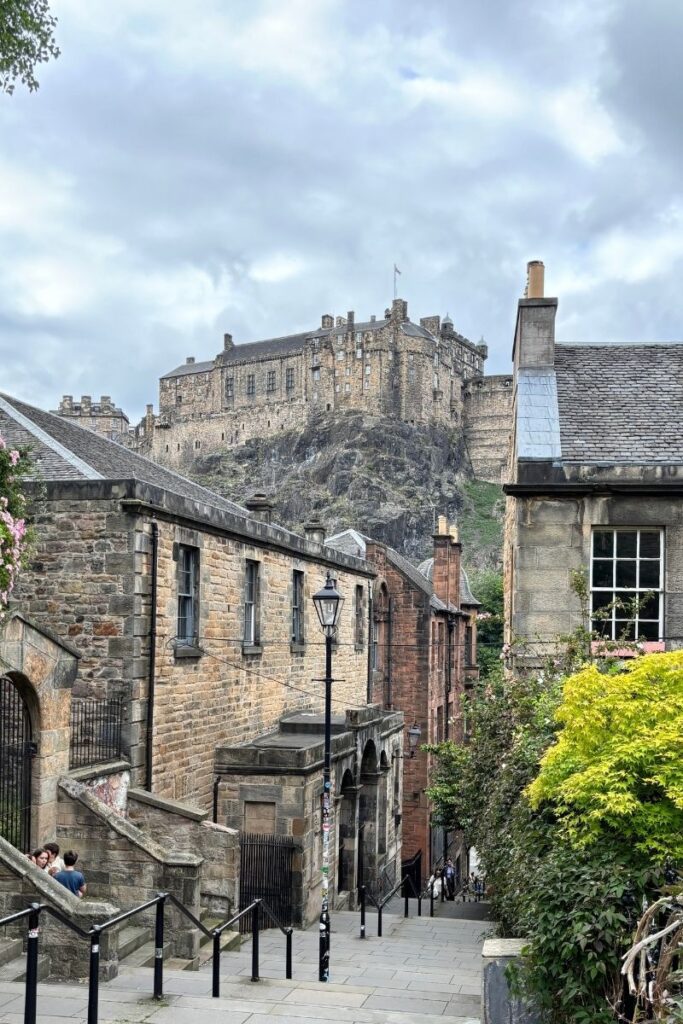 Vennel Viewpoint in Edinburgh's Old Town looking back towards Edinburgh Castle perched upon Castle Hill.