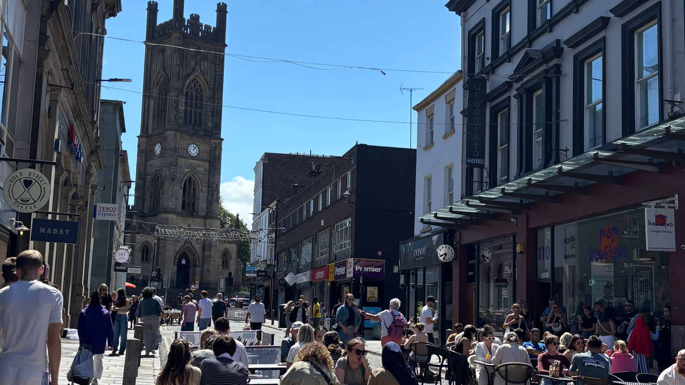 View of Bold Street, Liverpool looking towards St. Lukes Church