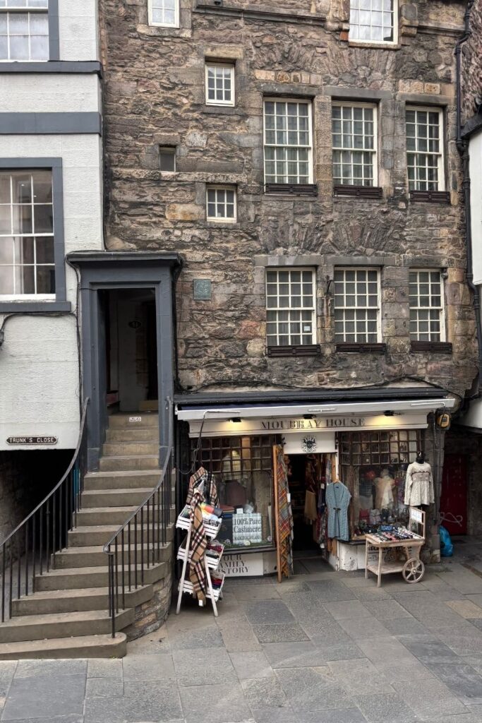 Historic Moubray House in Old Town Edinburgh, showing its stone facade and traditional architecture.