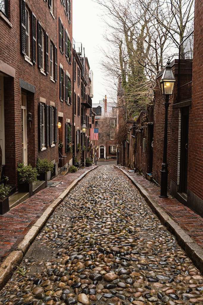Narrow cobblestone street lined with brick buildings and American flag in historic urban locale.