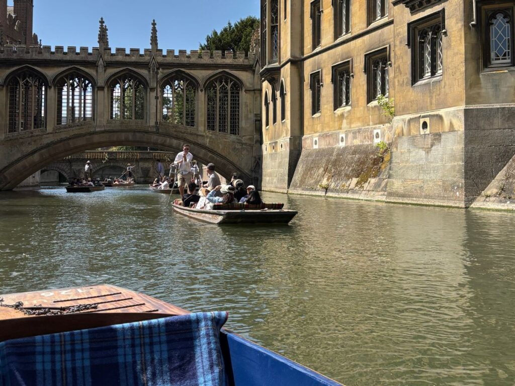 Bridge of Sighs in Cambridge, England, viewed from a punt on the River Cam.