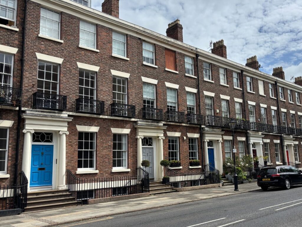 Residential brown brick Georgian townhouses lining Canning Street in Liverpool's Georgian Quarter