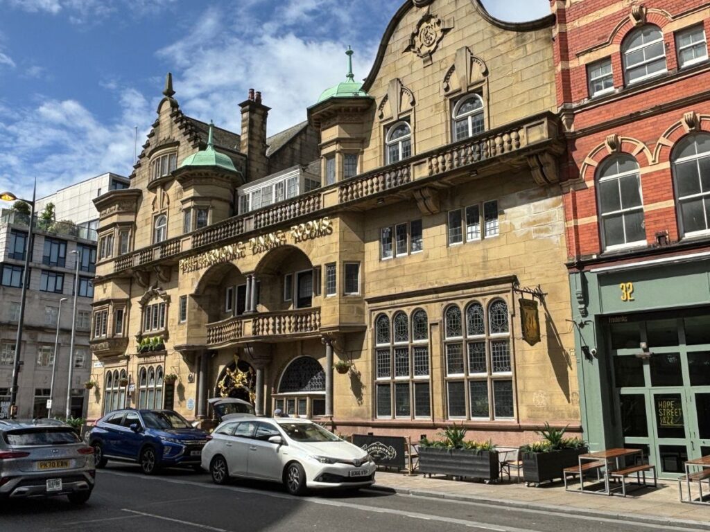 Front exterior of the historic Philharmonic Dining Rooms on the corner of Hope Street Liverpool, showing the ornate Victorian architecture and decorative details