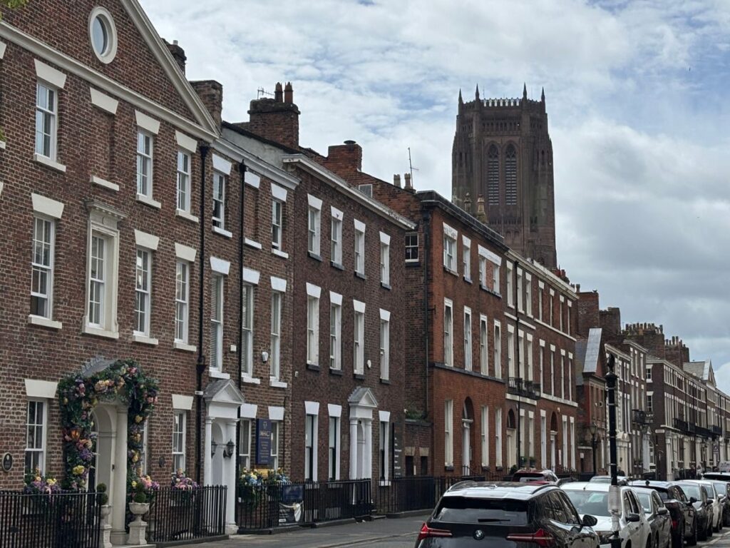 Historic Georgian Rodney Street streetscape in Georgian Quarter Liverpool looking towards the Anglican Cathedral. Georgian detail on row houses.