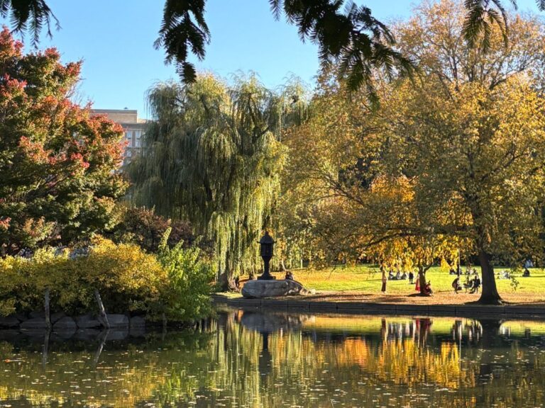 Boston Public Garden in fall with vibrant orange, red, and yellow trees reflecting on the pond.