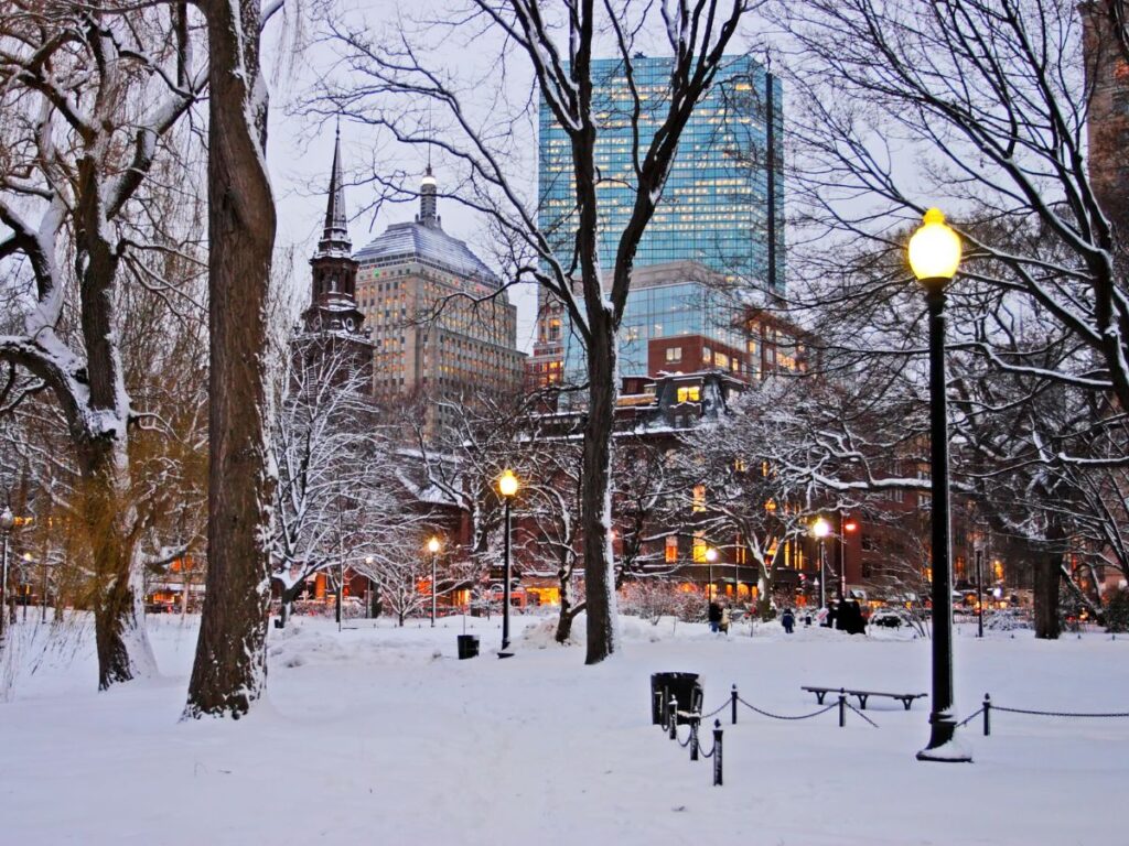 Snowy scene of Boston Common in deep winter