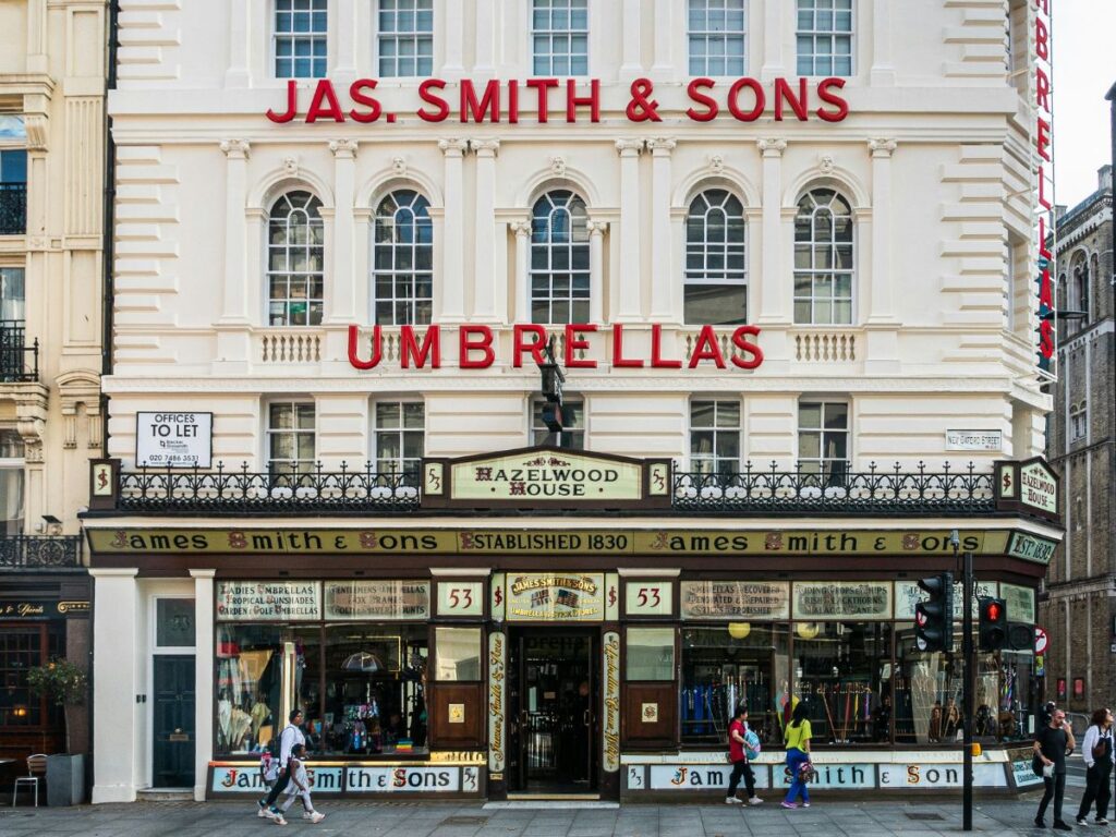 Shop front of James Smith & Sons famous umbrella store in London in winter