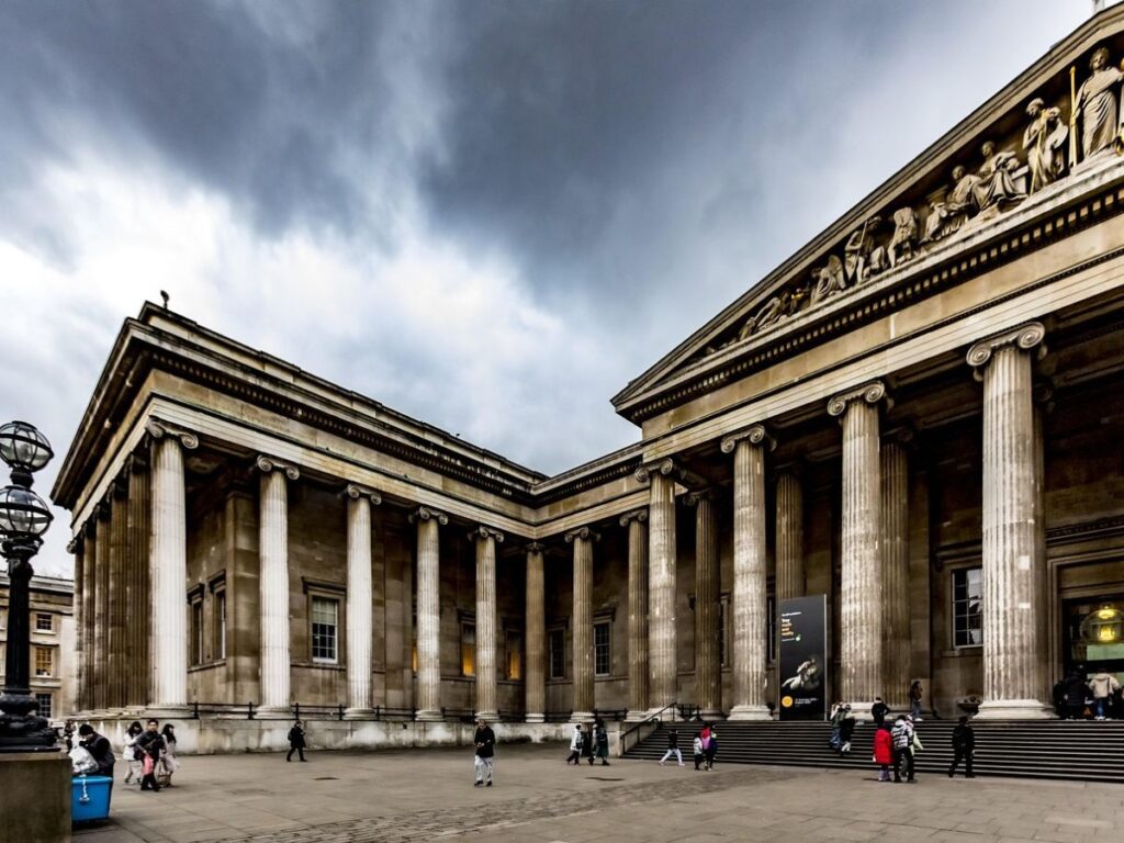 Front view of British Museum in Bloomsbury area, London with cloudy, winter sky