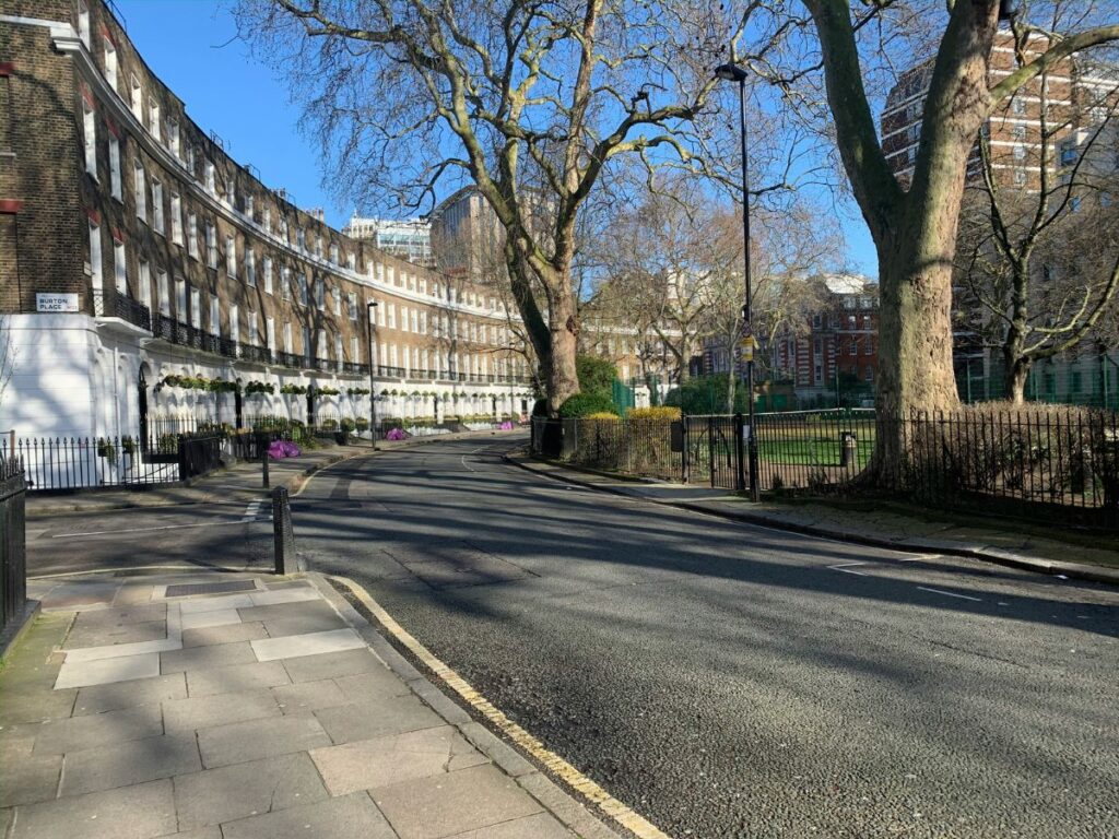 Russell Square in London's Bloomsbury area with Georgian architecture as seen in winter