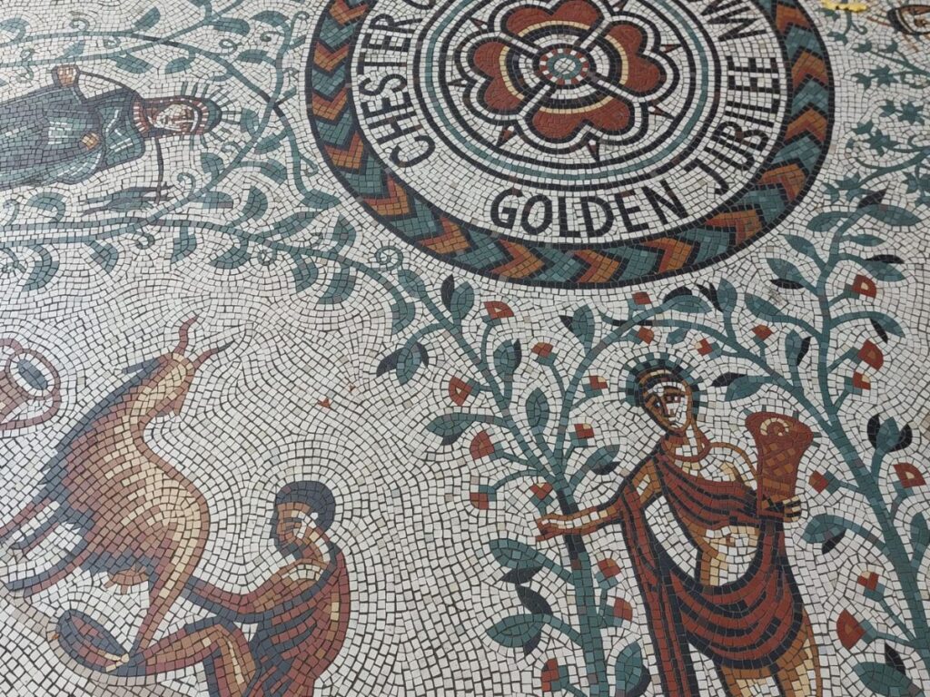 Roman-style mosaic in Chester’s Roman Gardens, one of the unique things to see in Chester.