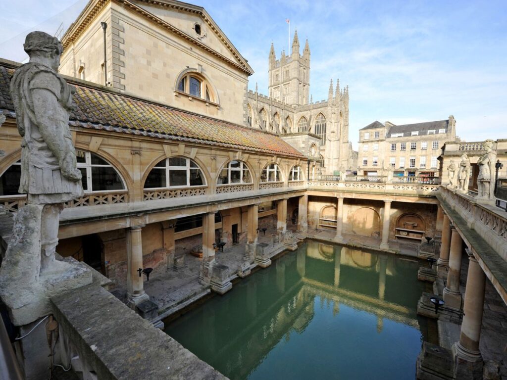 Historic city of Bath in England showing Roman baths.