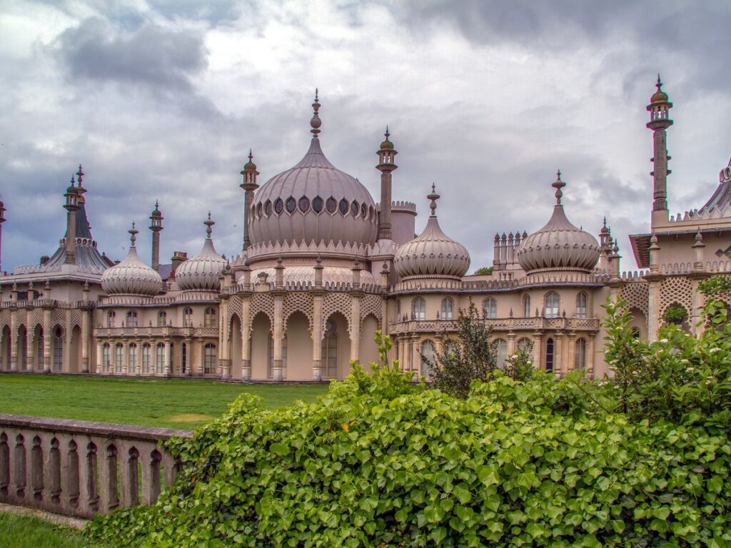 The Royal Pavilion Brighton England showing its distinctive Indo-Saracenic architecture and ornate onion domes.