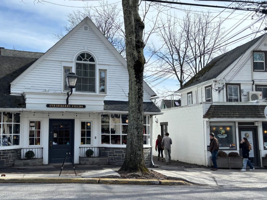 View across Tinker Street of the white building housing Strawberry Fields store, Woodstock, NY