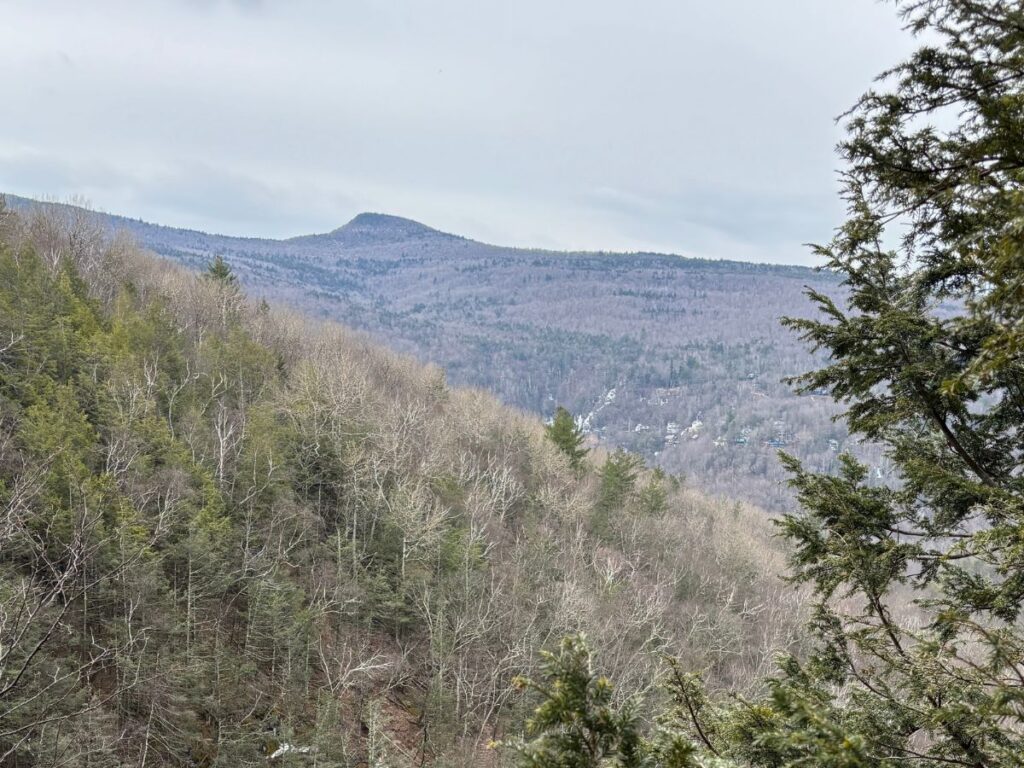 View of Catskills mountains from hiking trail as seen in late winter