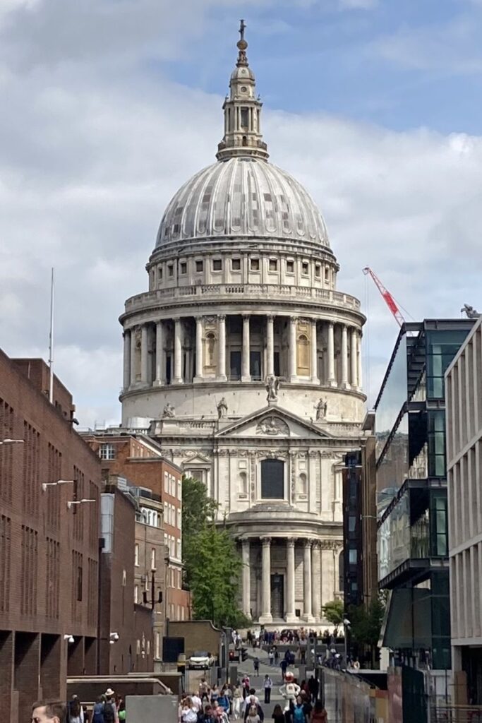 Impressive view of St. Pail's Cathedral as seen from walk across Millennium Bridge in London.