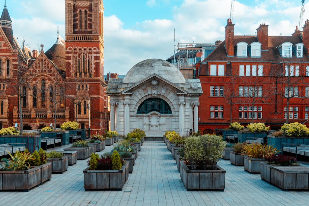 Explore this picturesque rooftop garden with historic architecture in vibrant central London.