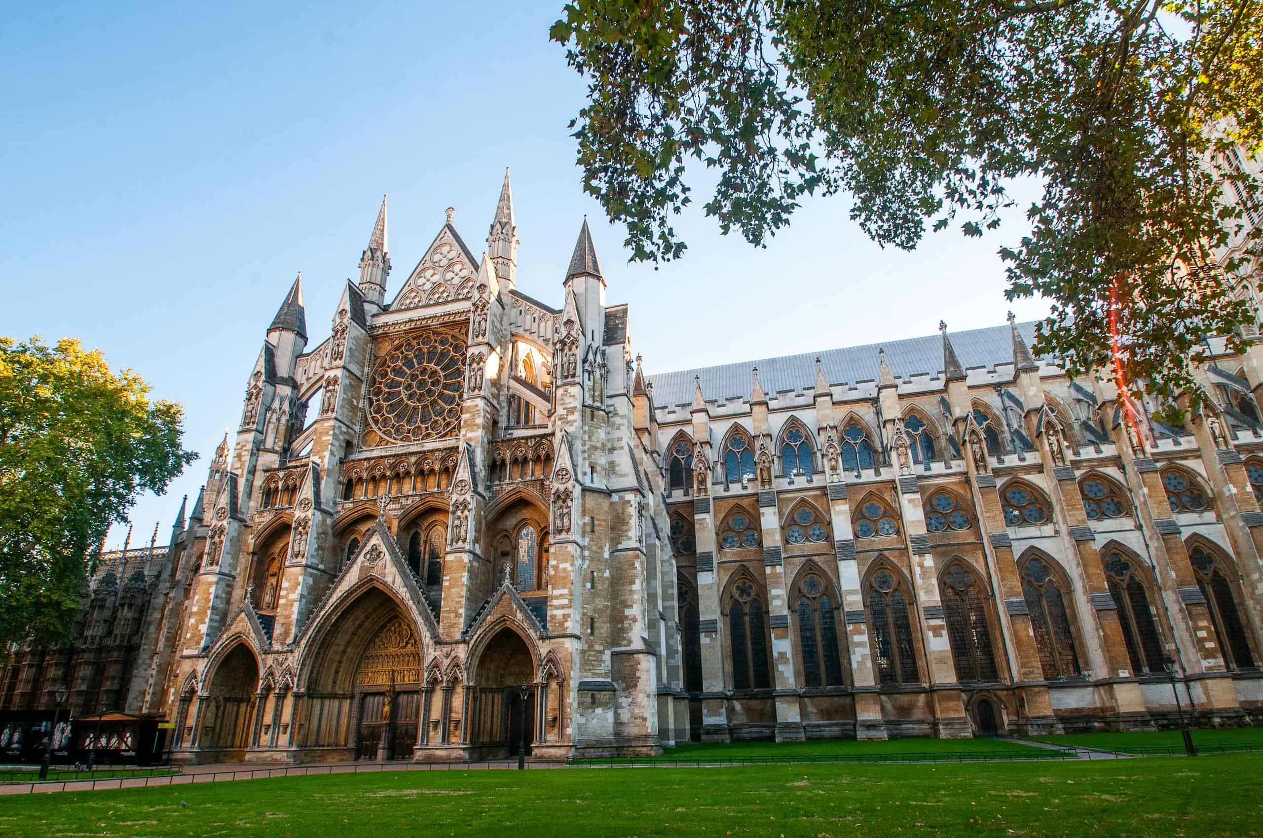 Gothic architecture of Westminster Abbey in London captured on a sunny day.