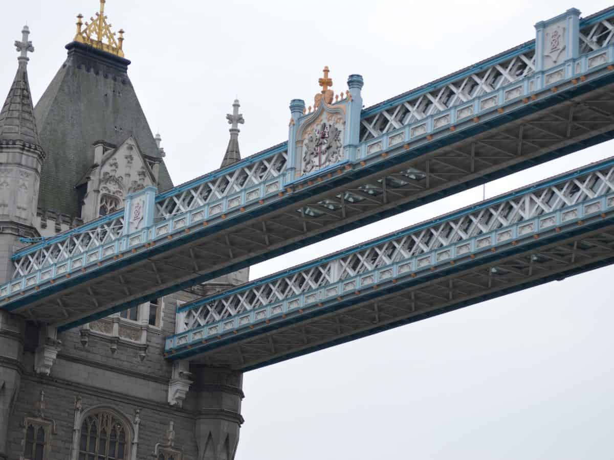 Exterior walkways connecting the towers of Tower Bridge in London set against a cloudy sky.