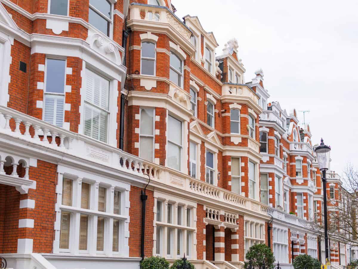 Elegant red and white brick homes in London's South Kensington district.