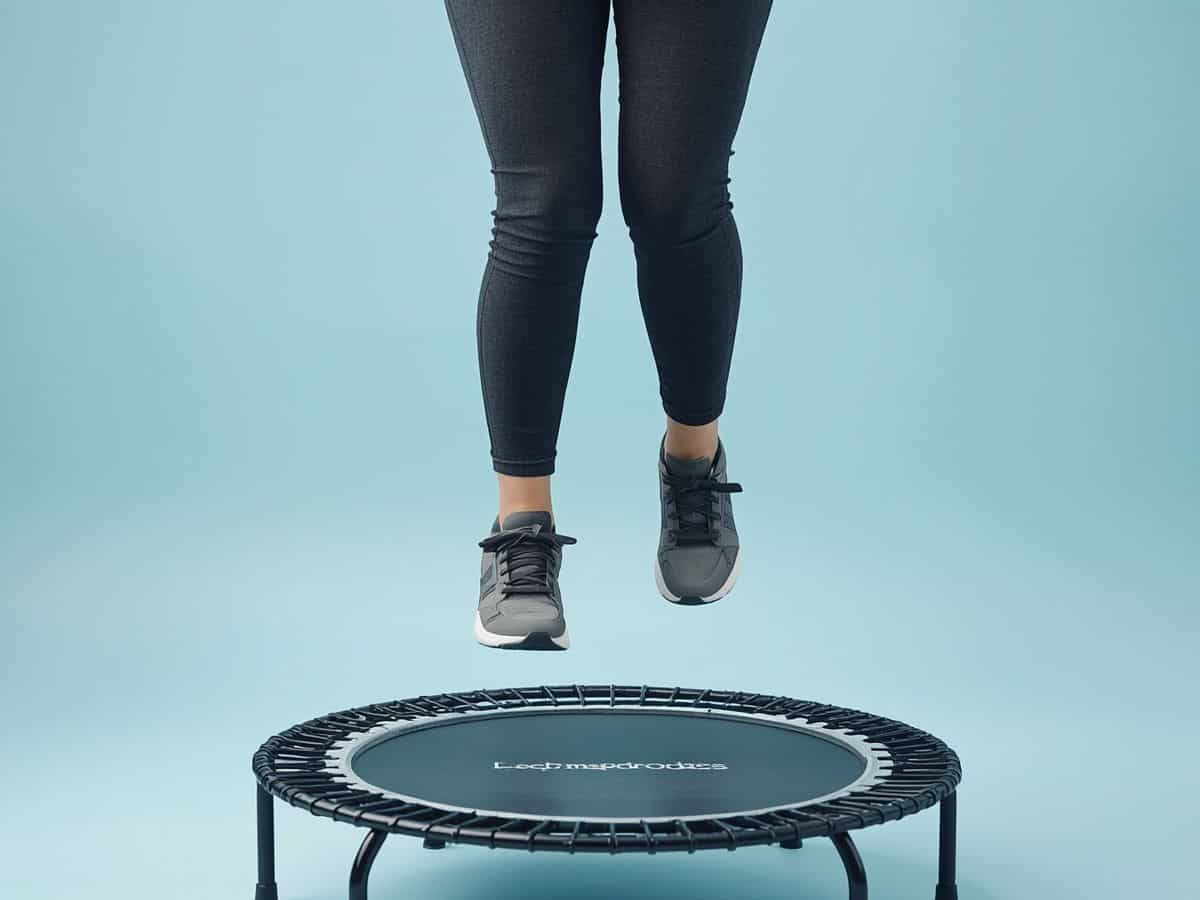 Woman's legs jumping on a mini trampoline. She is wearing athletic clothes and shoes. You can not see her face.