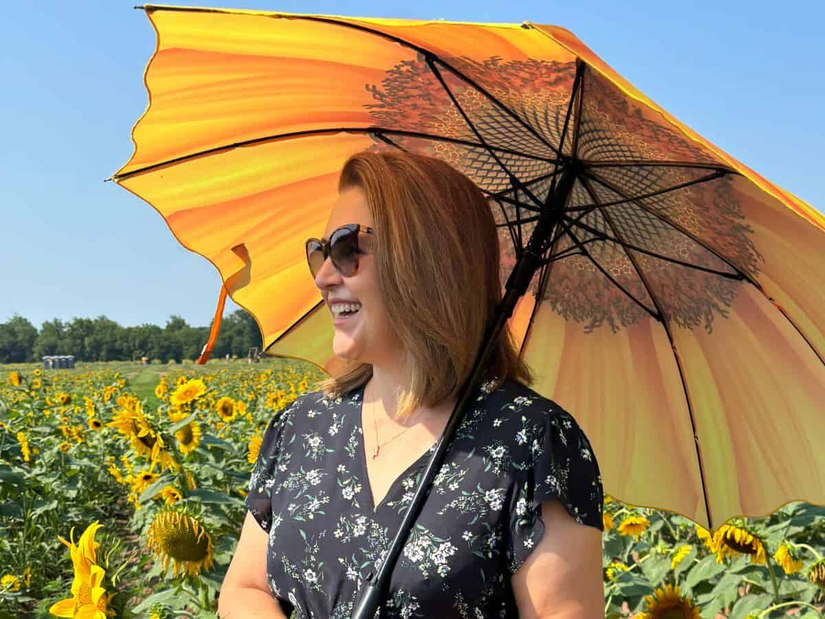 Middle aged woman in a field of yellow sunflowers carrying a bright sunflower umbrella on a beautiful sunny day with blue sky. Women has brown hair and wearing sunglasses and looking away from the camera.
